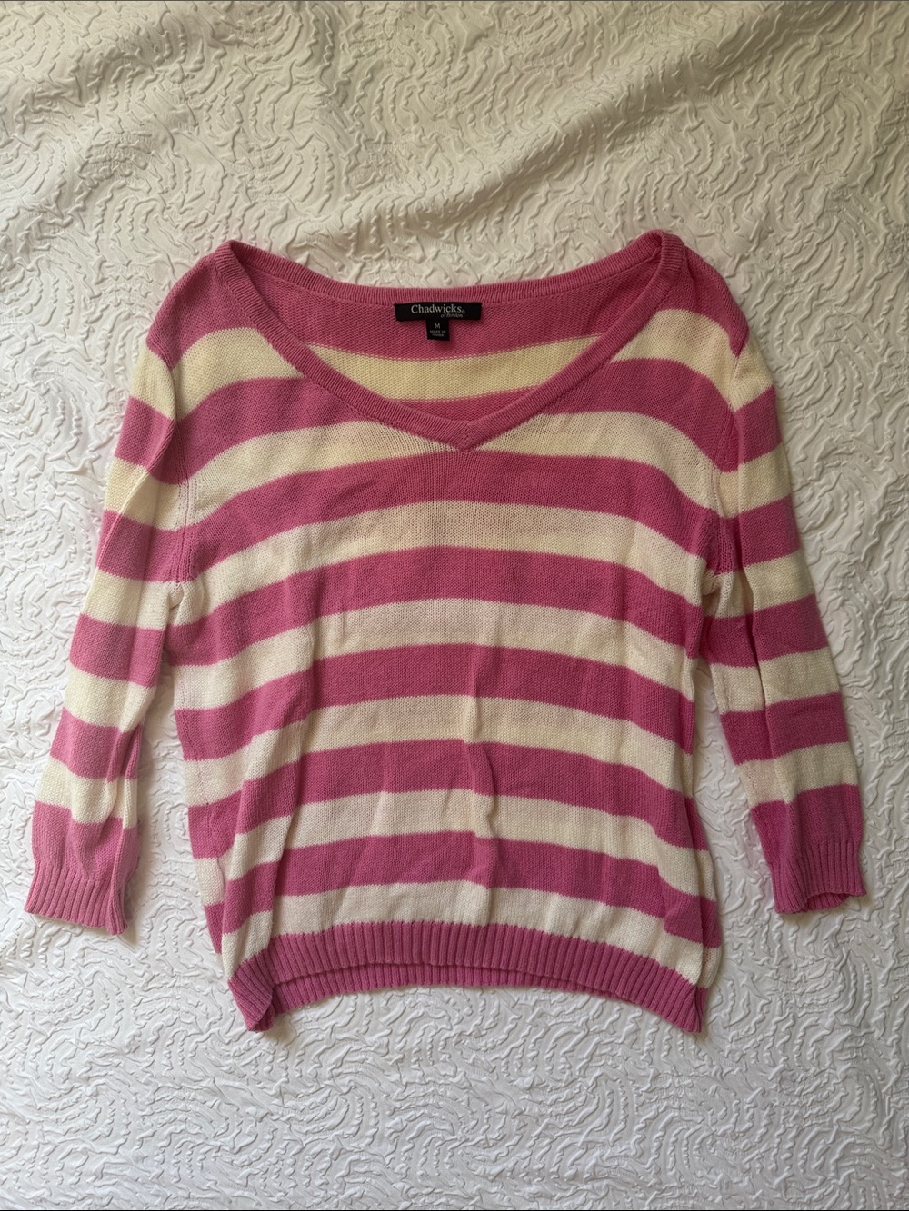 Chadwicks Pink and Cream Striped V-Neck Pullover